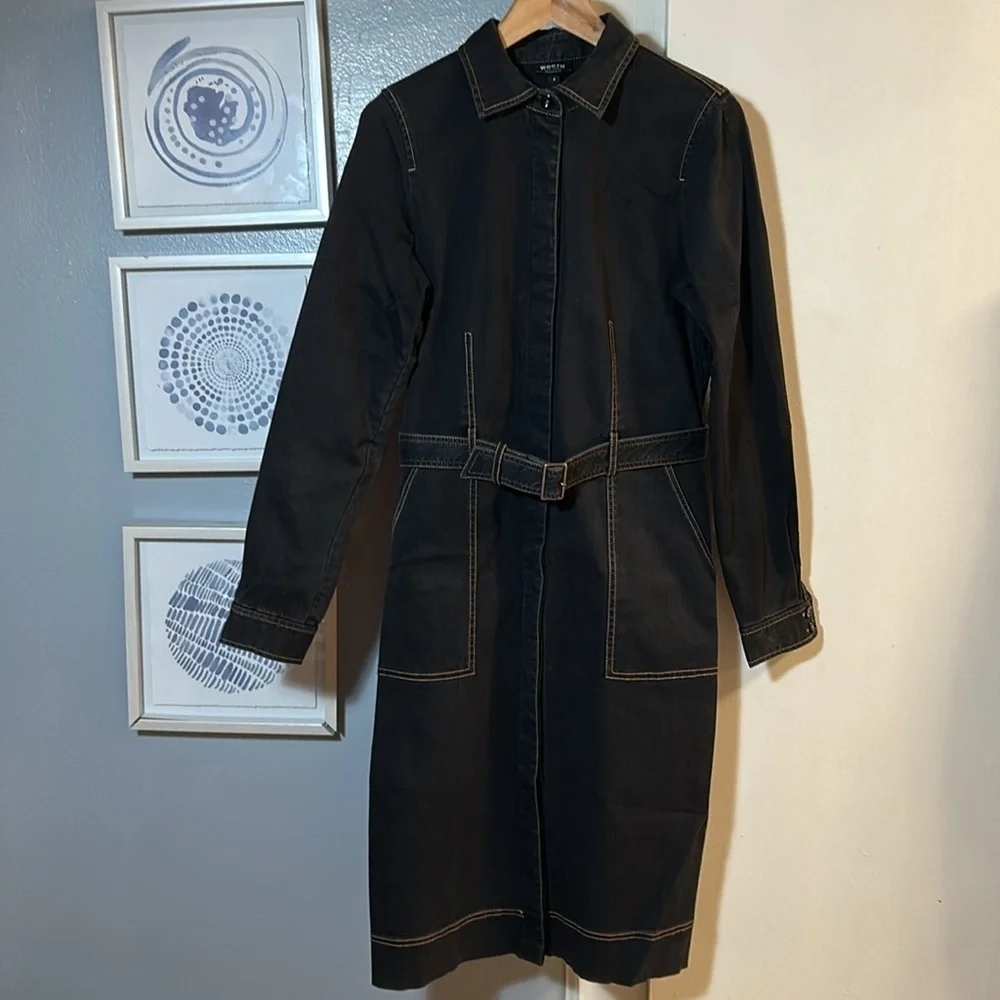 Worth Black Denim Hidden Button Front Belted Long Sleeve Jean Coat Dress Size 8 - Picture 1 of 5